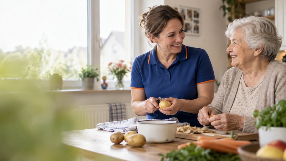 Pflegekraft und ältere Frau bereiten gemeinsam in der Küche Gemüse zu