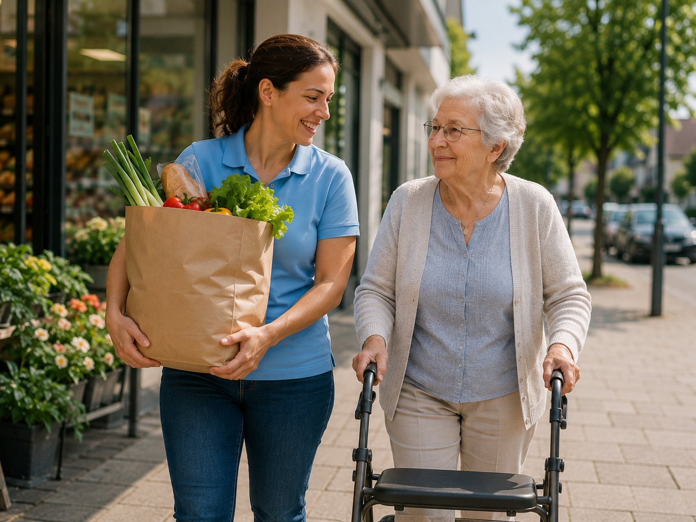 Ein Mitarbeiter aus dem Team trägt die Einkaufstüte, eine ältere Frau geht mit Rollator daneben.