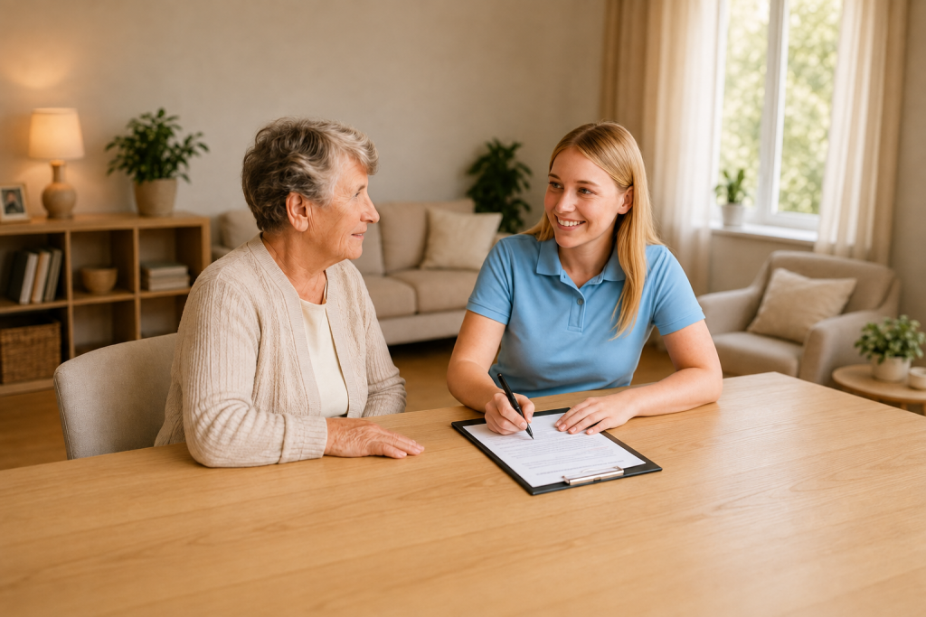 Pflegekraft berät eine Seniorin zu Hause zur Pflegereform 2026 (KI-generiert)
